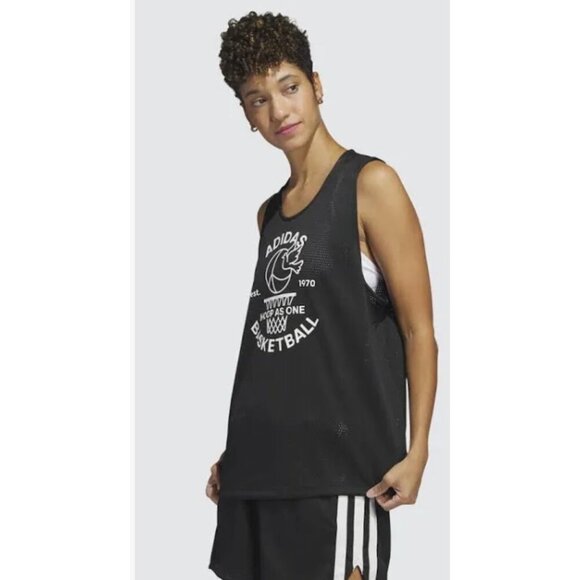 NWT ADIDAS HOOP AS ONE NETTED BLACK JERSEY TANK TOP SCOOP NECK SIZE XL - Picture 2 of 7